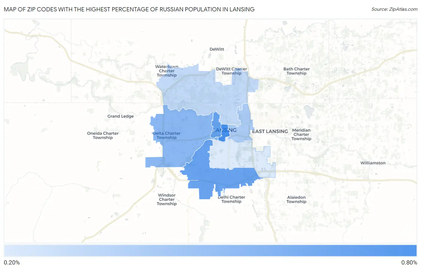 Zip Codes with the Highest Percentage of Russian Population in Lansing Map