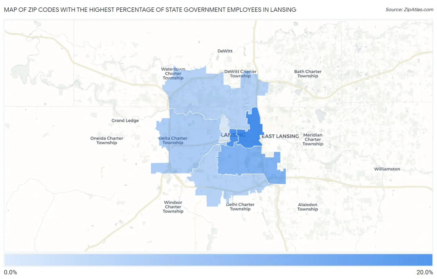 Zip Codes with the Highest Percentage of State Government Employees in Lansing Map