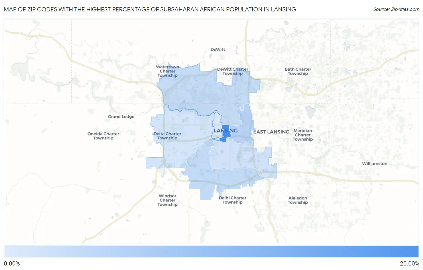 Zip Codes with the Highest Percentage of Subsaharan African Population in Lansing Map