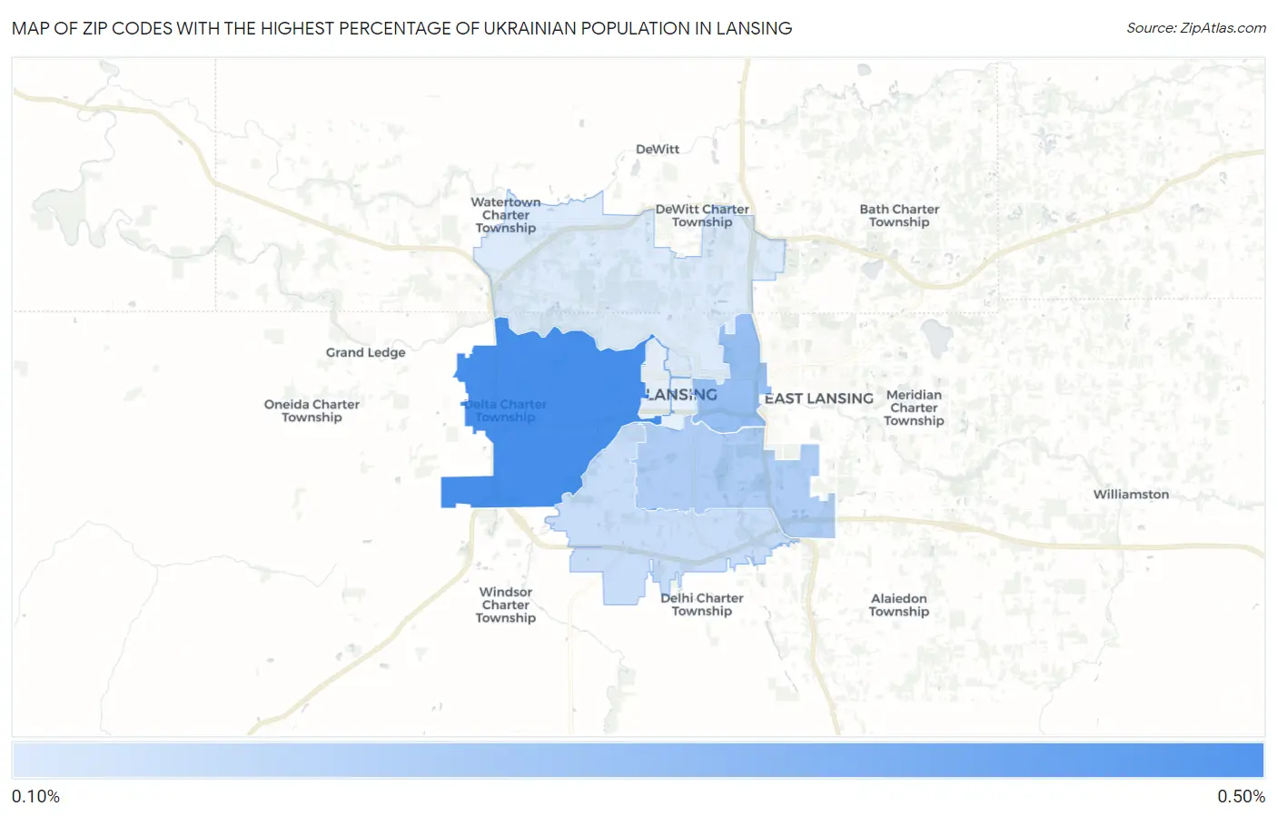 Zip Codes with the Highest Percentage of Ukrainian Population in Lansing Map