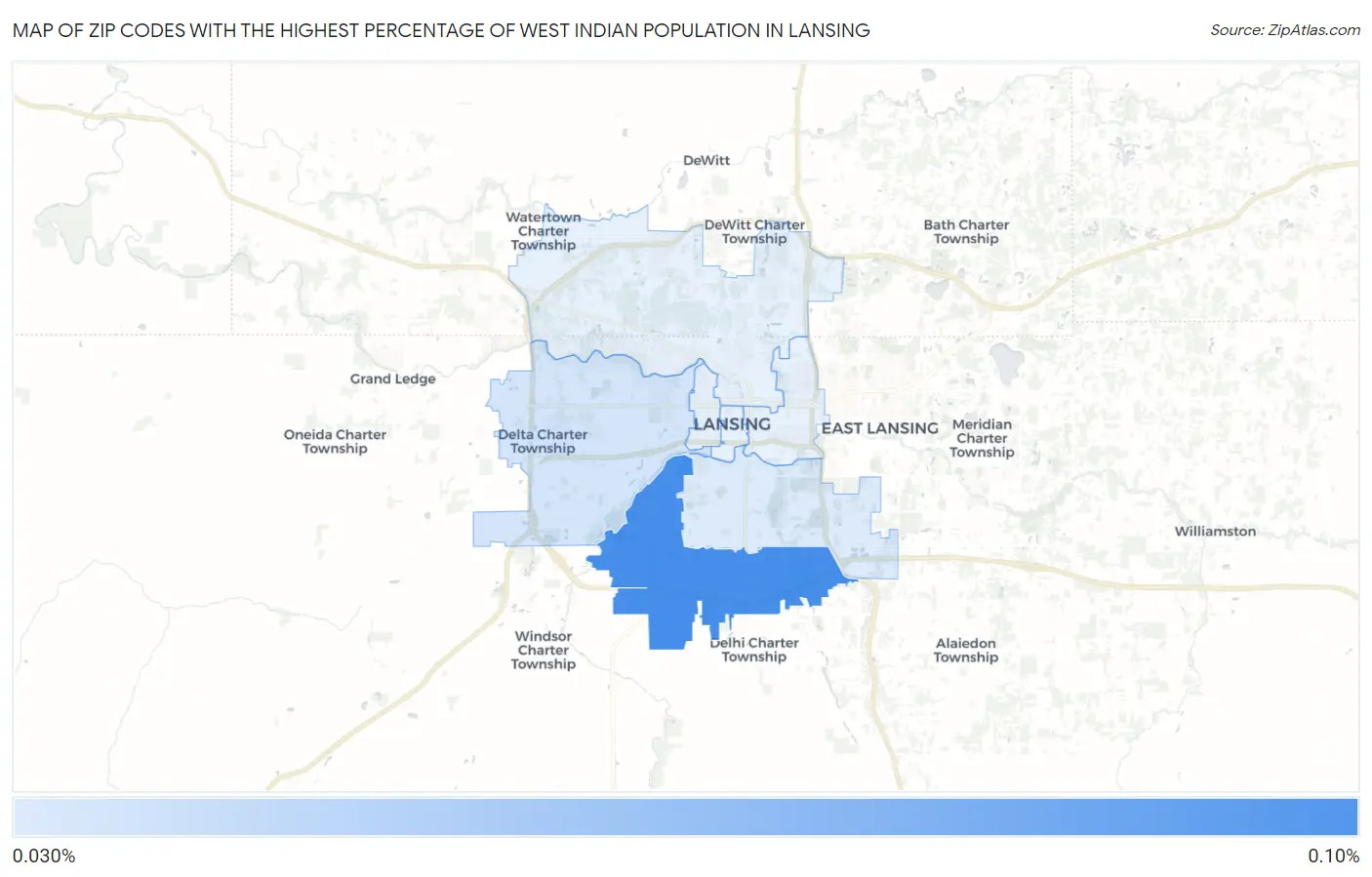 Zip Codes with the Highest Percentage of West Indian Population in Lansing Map