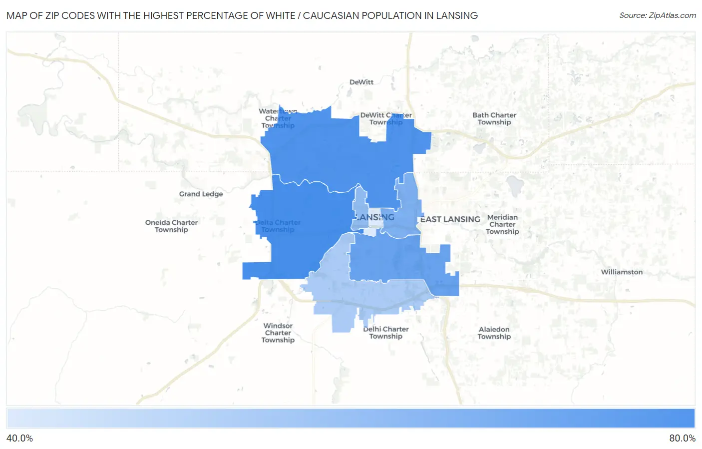 Zip Codes with the Highest Percentage of White / Caucasian Population in Lansing Map