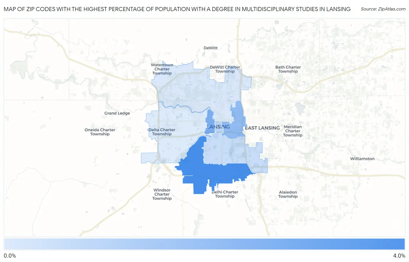 Zip Codes with the Highest Percentage of Population with a Degree in Multidisciplinary Studies in Lansing Map