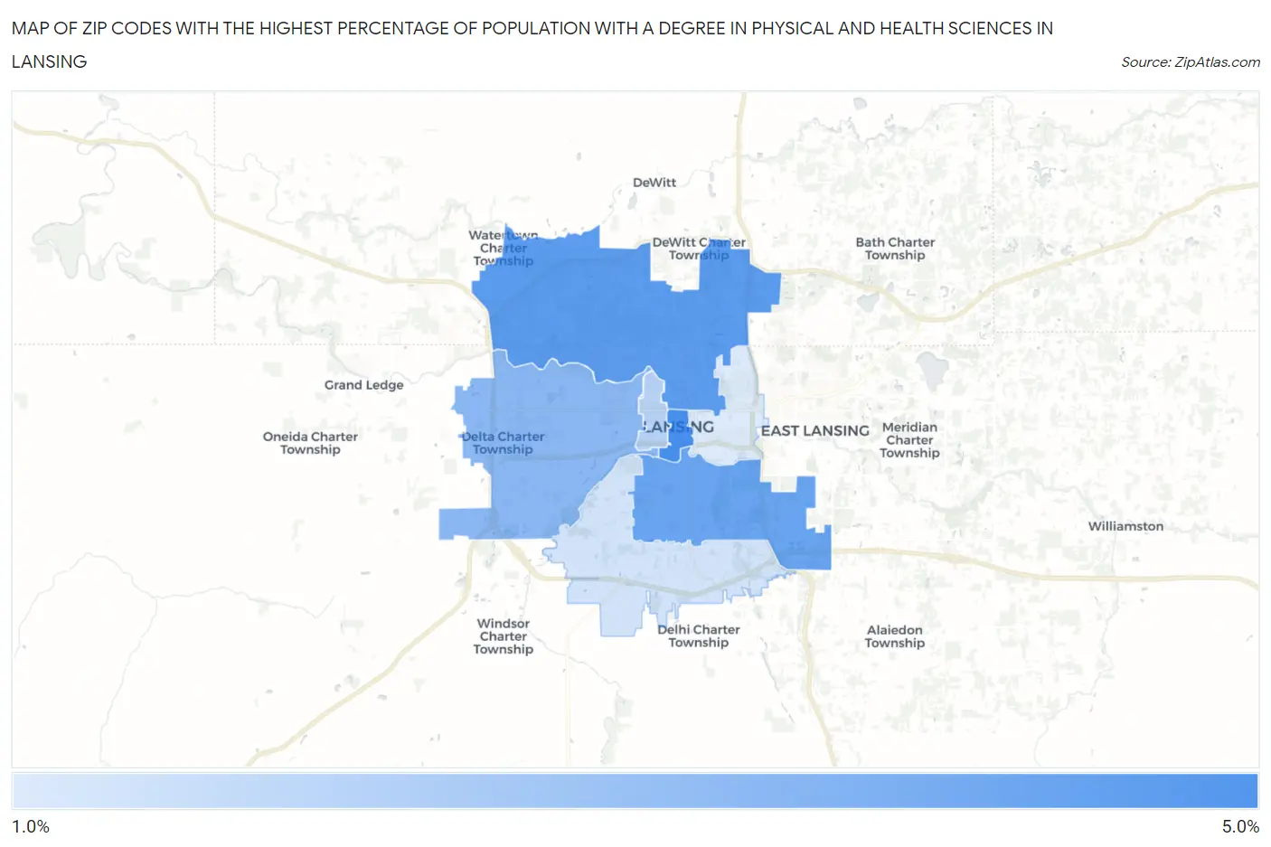 Zip Codes with the Highest Percentage of Population with a Degree in Physical and Health Sciences in Lansing Map