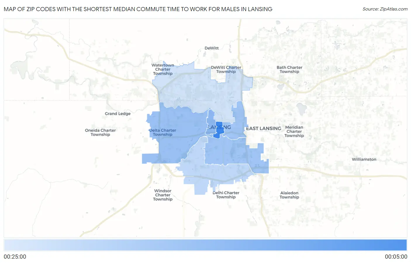 Zip Codes with the Shortest Median Commute Time to Work for Males in Lansing Map