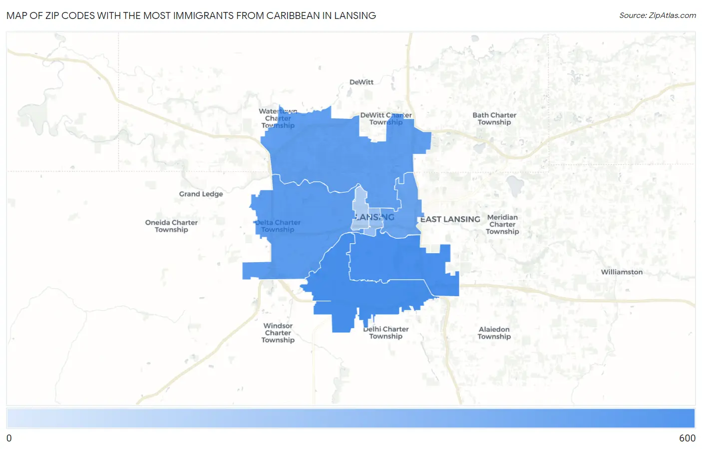 Zip Codes with the Most Immigrants from Caribbean in Lansing Map
