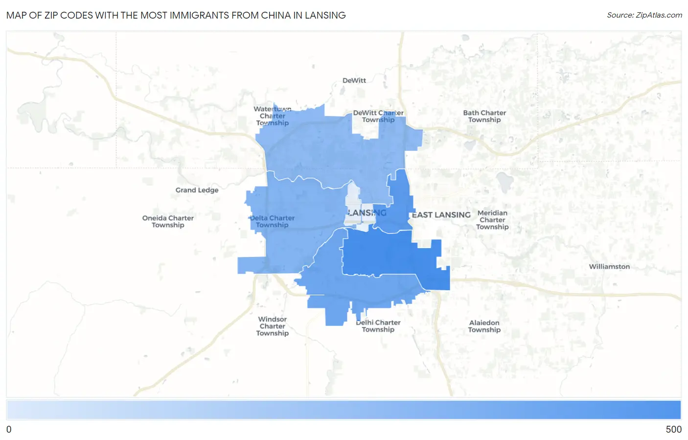 Zip Codes with the Most Immigrants from China in Lansing Map