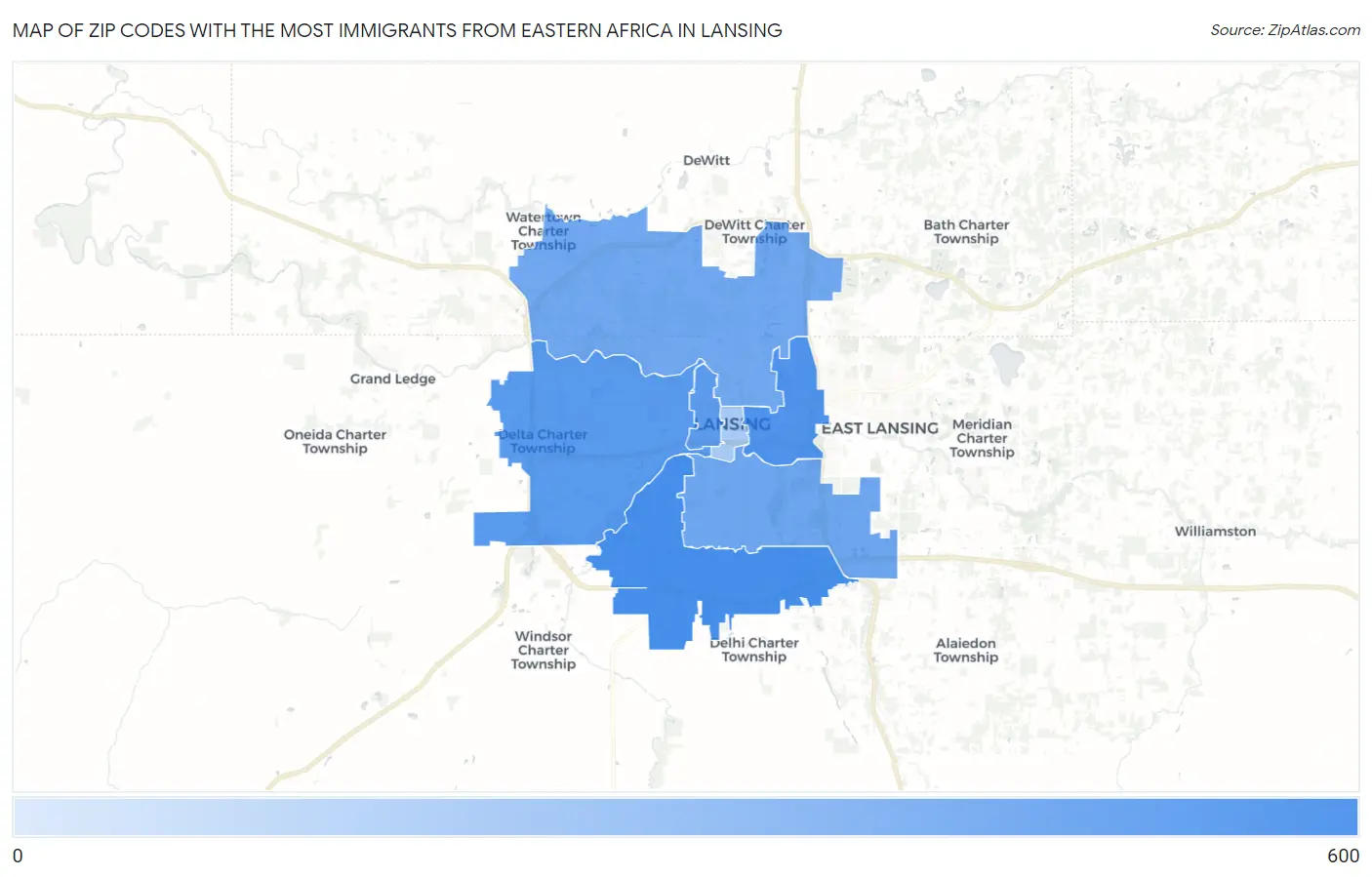 Zip Codes with the Most Immigrants from Eastern Africa in Lansing Map