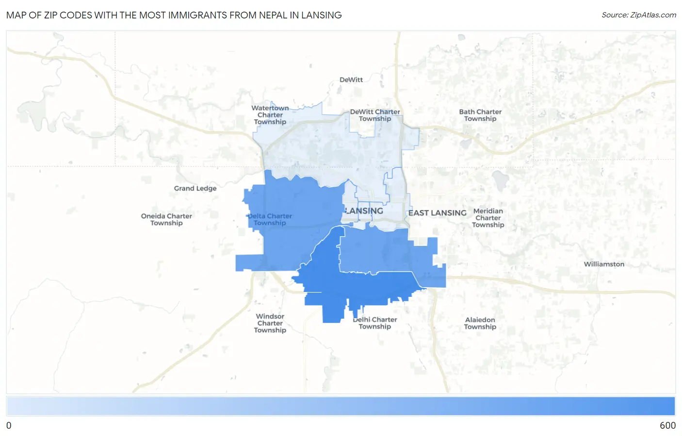 Zip Codes with the Most Immigrants from Nepal in Lansing Map