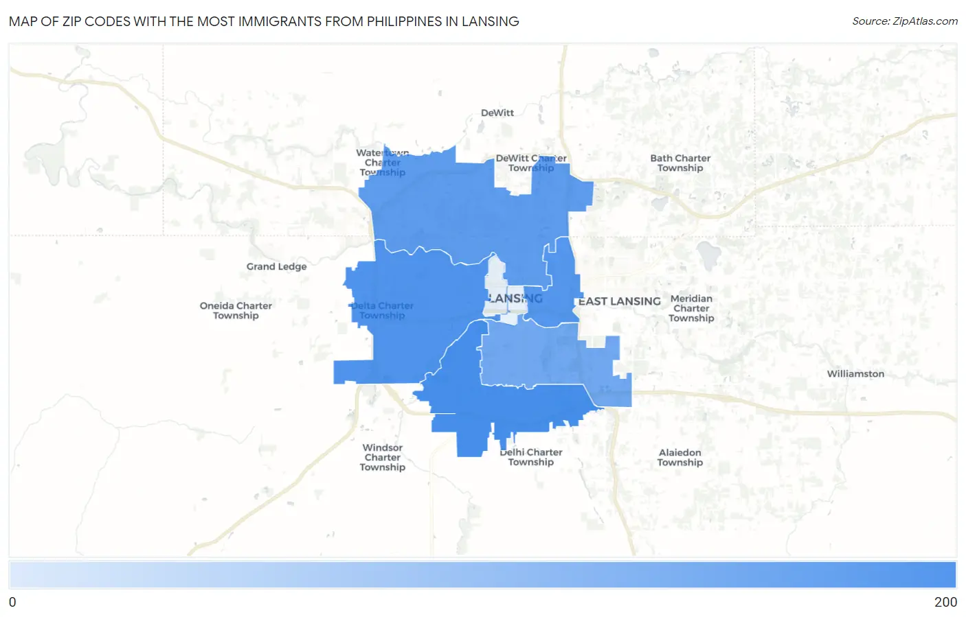 Zip Codes with the Most Immigrants from Philippines in Lansing Map