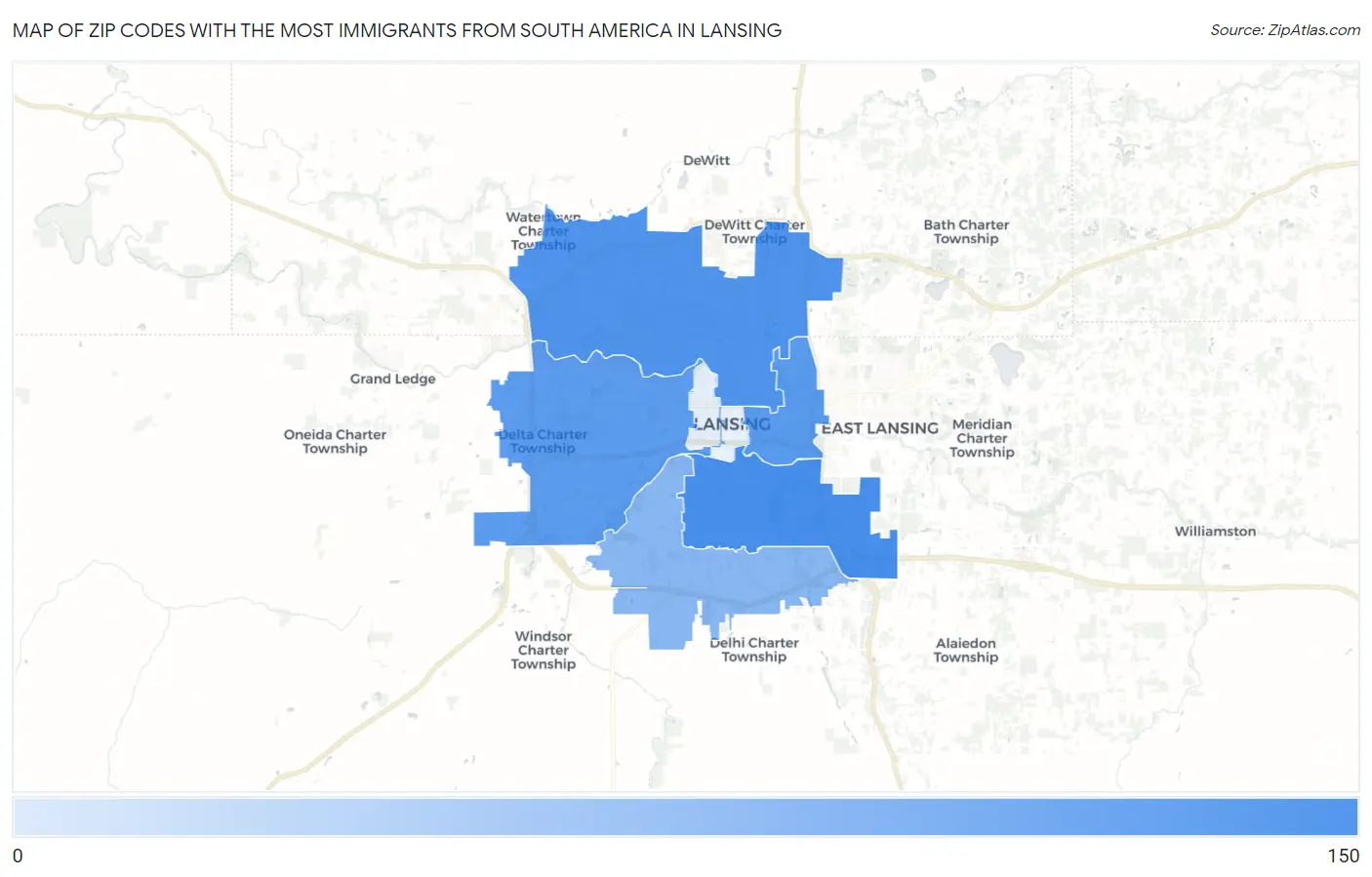 Zip Codes with the Most Immigrants from South America in Lansing Map