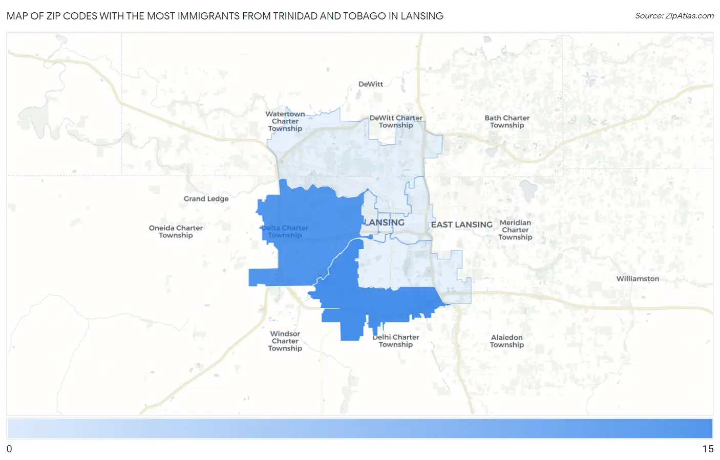 Zip Codes with the Most Immigrants from Trinidad and Tobago in Lansing Map