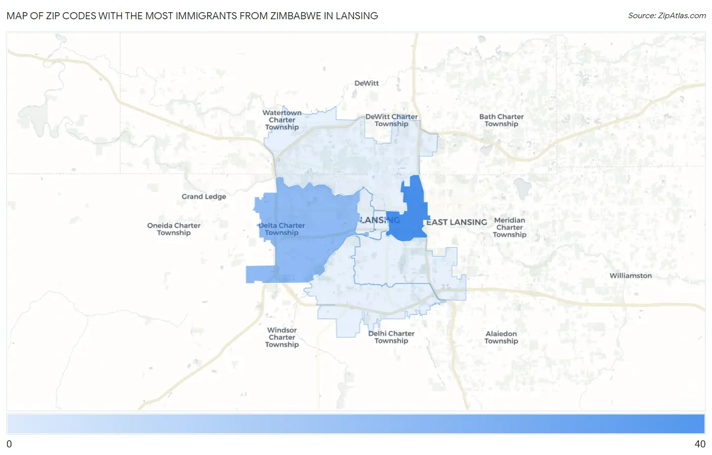 Zip Codes with the Most Immigrants from Zimbabwe in Lansing Map