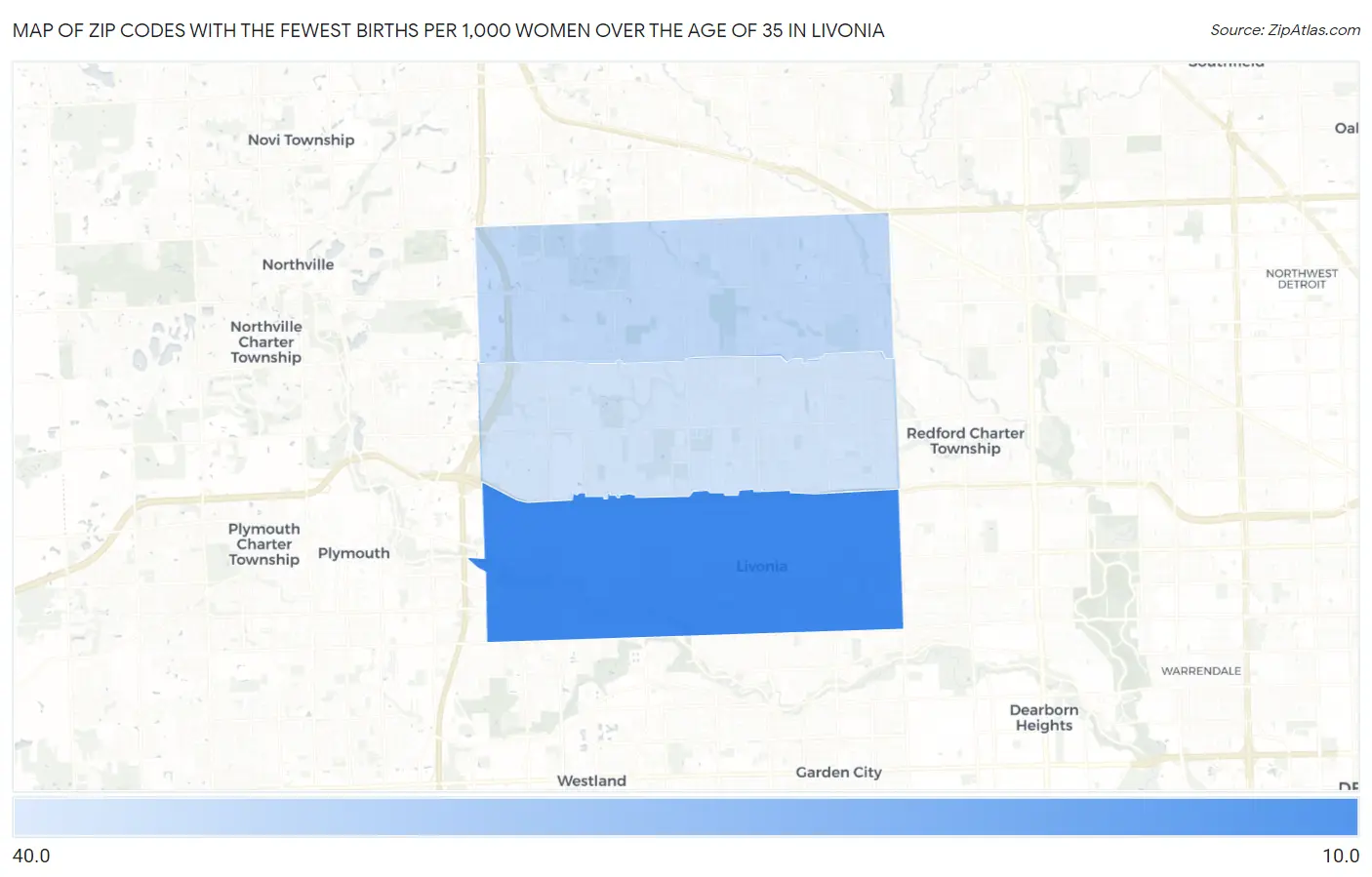 Zip Codes with the Fewest Births per 1,000 Women Over the Age of 35 in Livonia Map