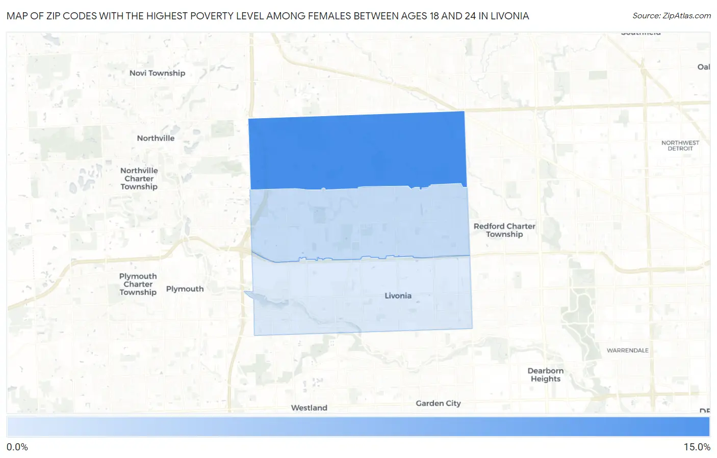 Zip Codes with the Highest Poverty Level Among Females Between Ages 18 and 24 in Livonia Map