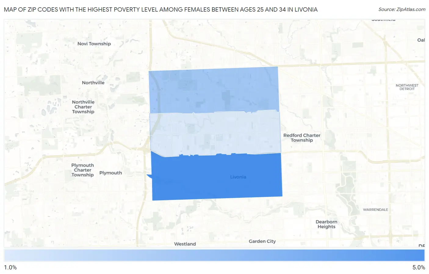 Zip Codes with the Highest Poverty Level Among Females Between Ages 25 and 34 in Livonia Map