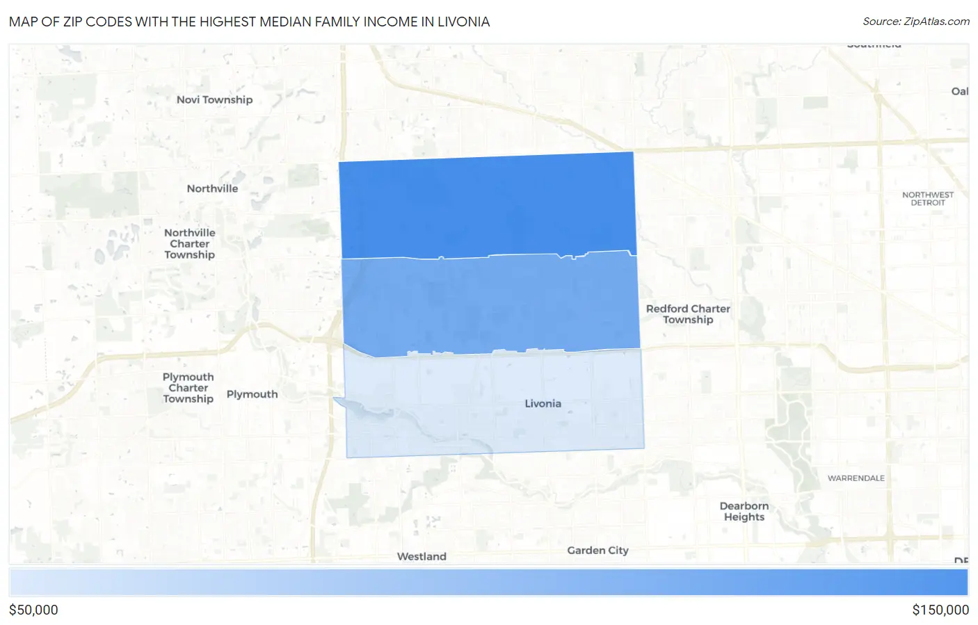 Zip Codes with the Highest Median Family Income in Livonia Map