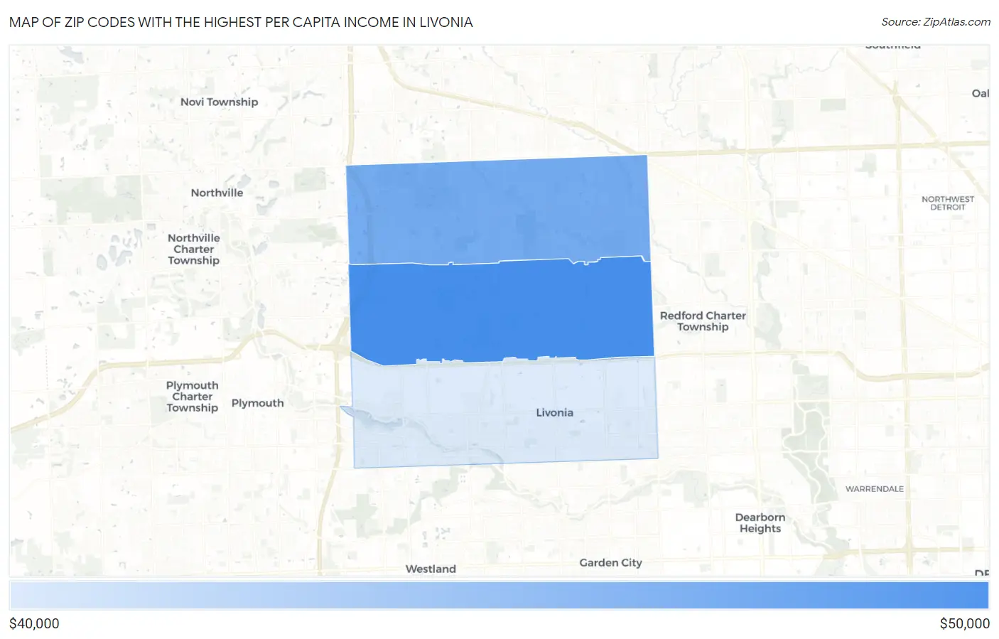 Zip Codes with the Highest Per Capita Income in Livonia Map