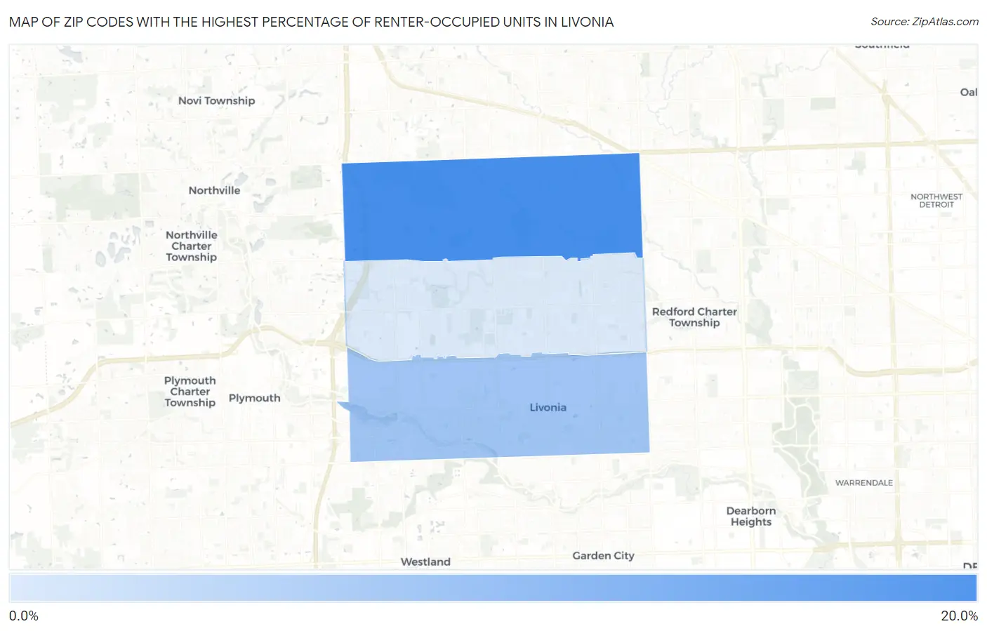 Zip Codes with the Highest Percentage of Renter-Occupied Units in Livonia Map