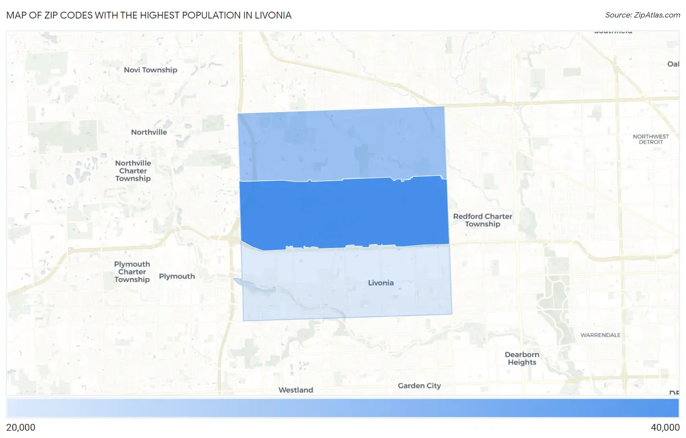 Zip Codes with the Highest Population in Livonia Map