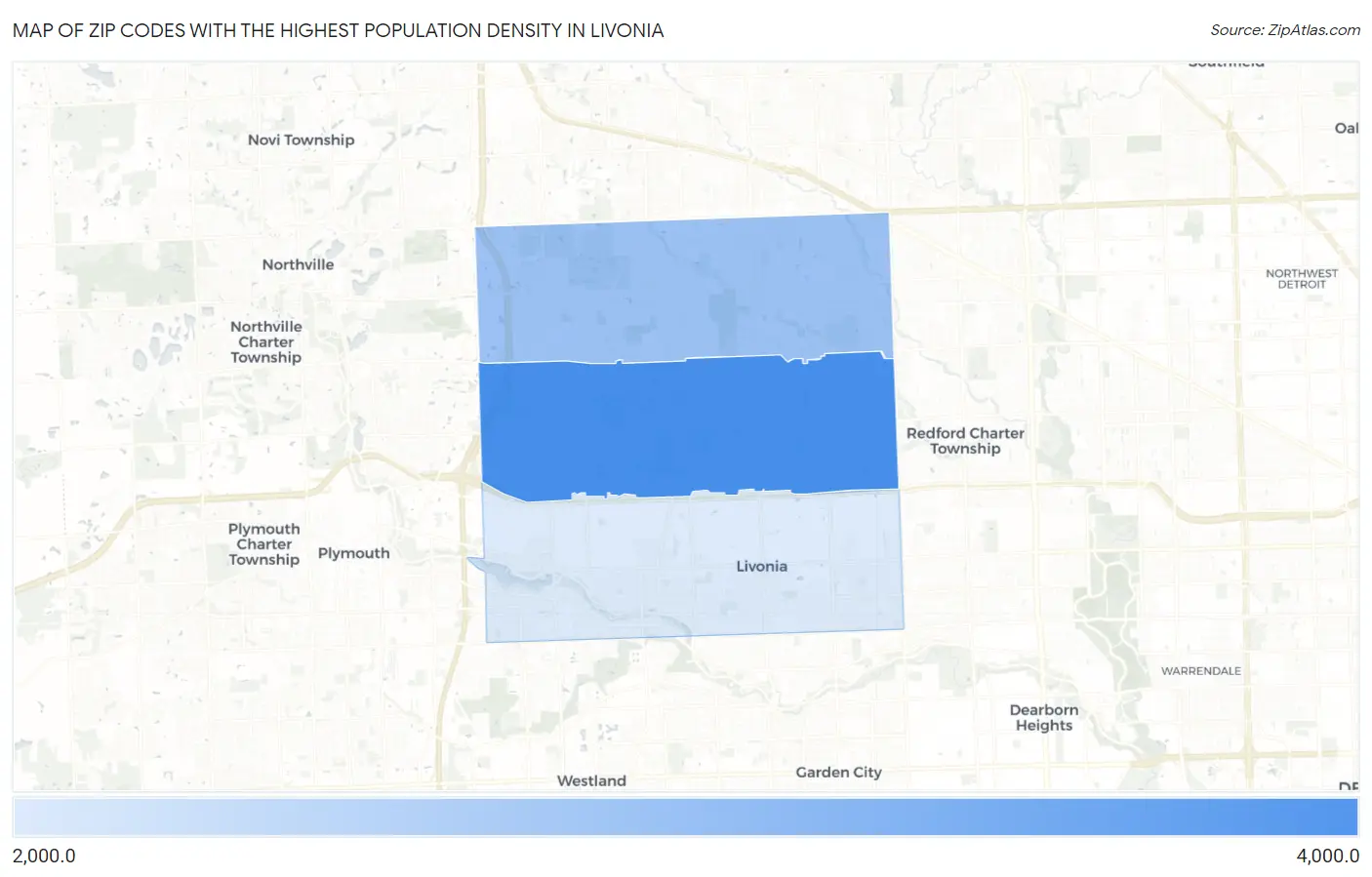 Zip Codes with the Highest Population Density in Livonia Map