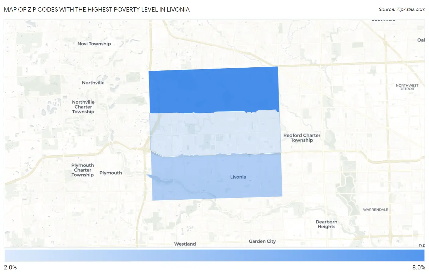 Zip Codes with the Highest Poverty Level in Livonia Map