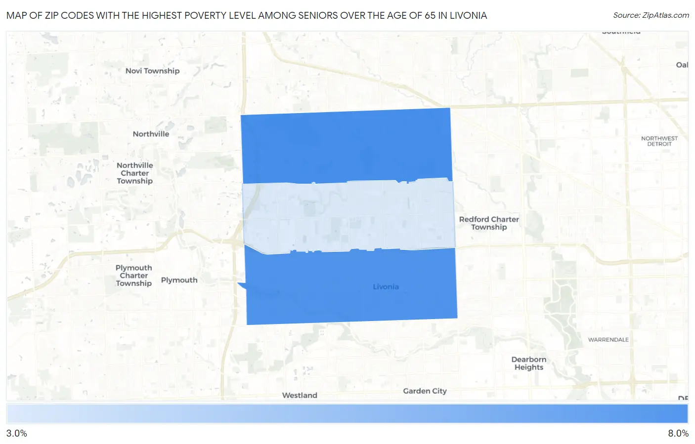 Zip Codes with the Highest Poverty Level Among Seniors Over the Age of 65 in Livonia Map