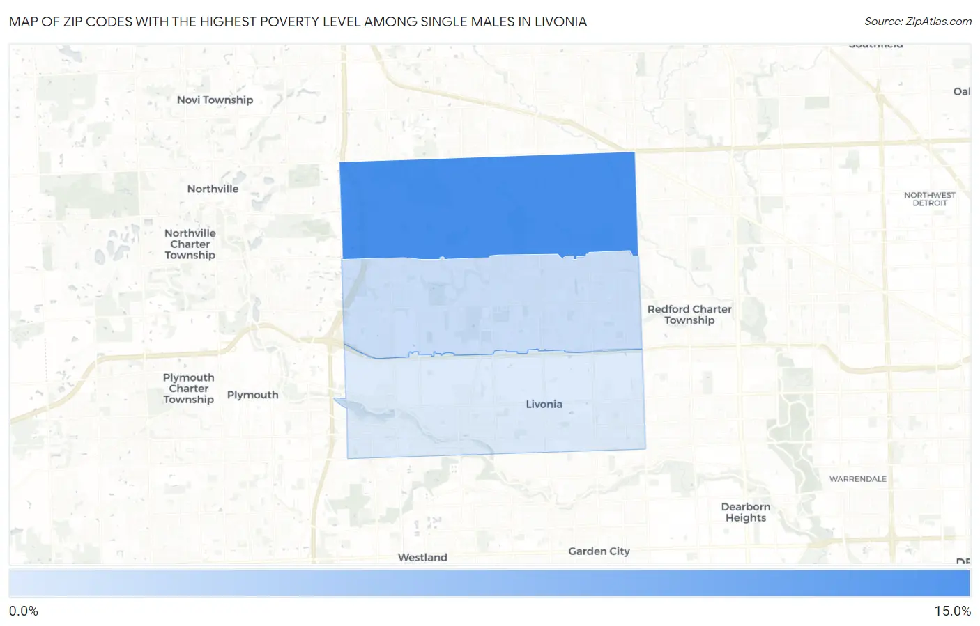 Zip Codes with the Highest Poverty Level Among Single Males in Livonia Map