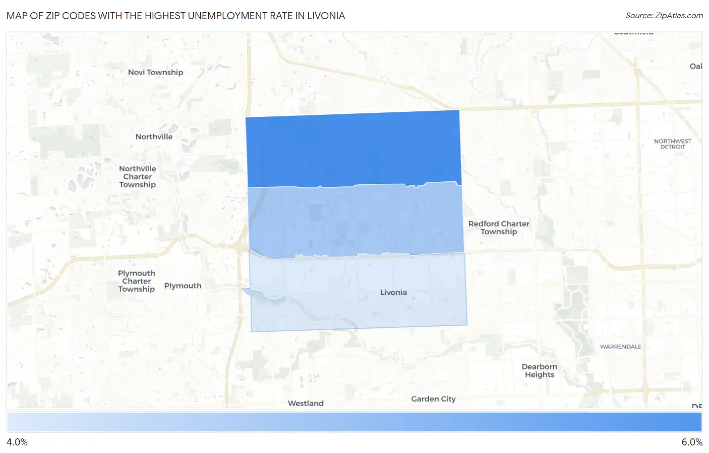 Zip Codes with the Highest Unemployment Rate in Livonia Map