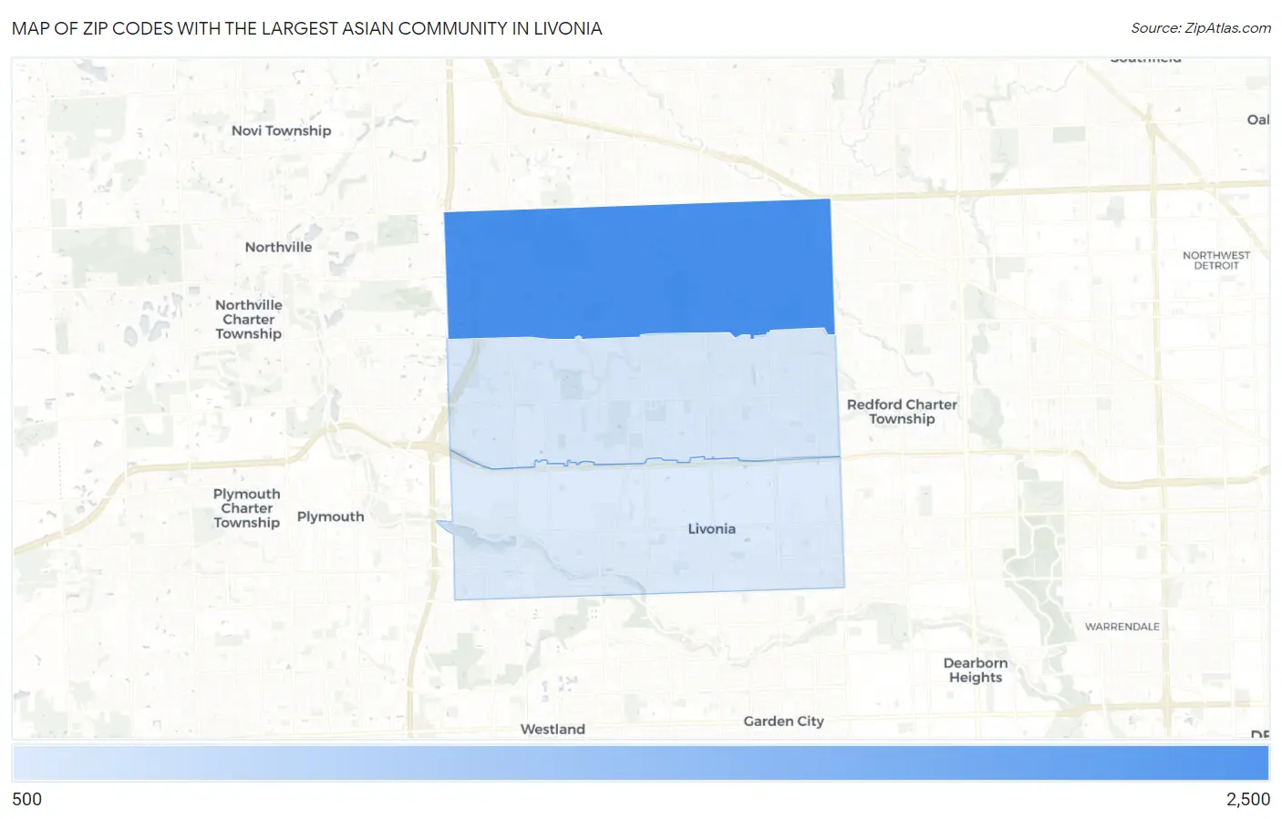 Zip Codes with the Largest Asian Community in Livonia Map