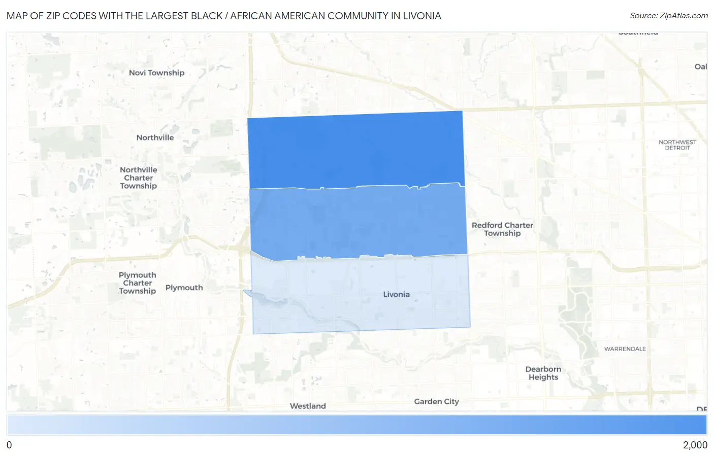Zip Codes with the Largest Black / African American Community in Livonia Map