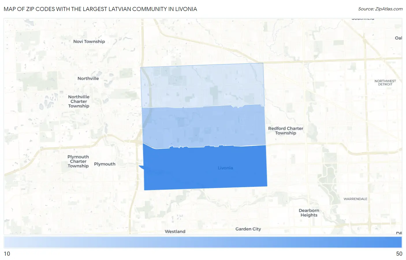 Zip Codes with the Largest Latvian Community in Livonia Map