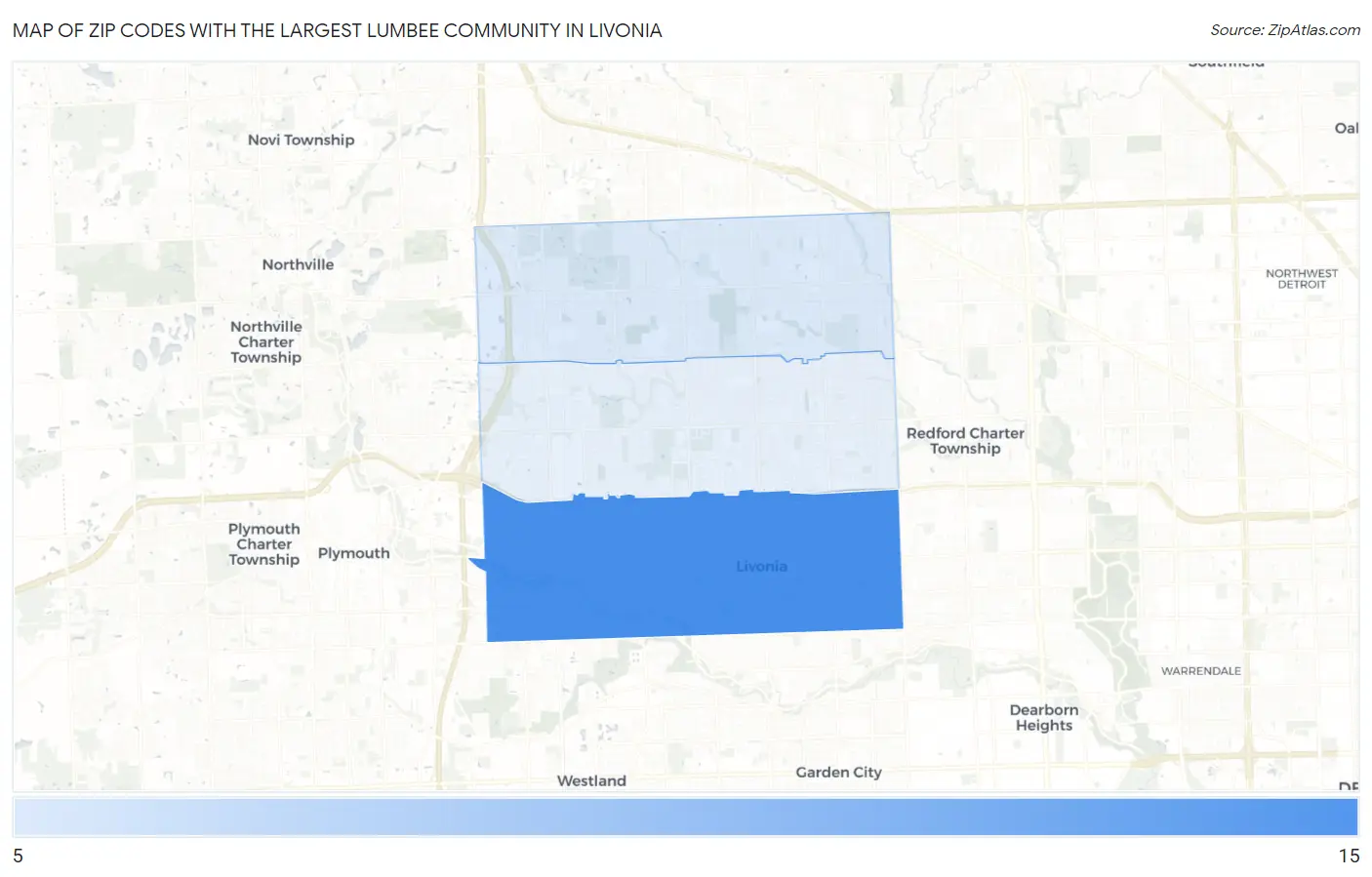 Zip Codes with the Largest Lumbee Community in Livonia Map