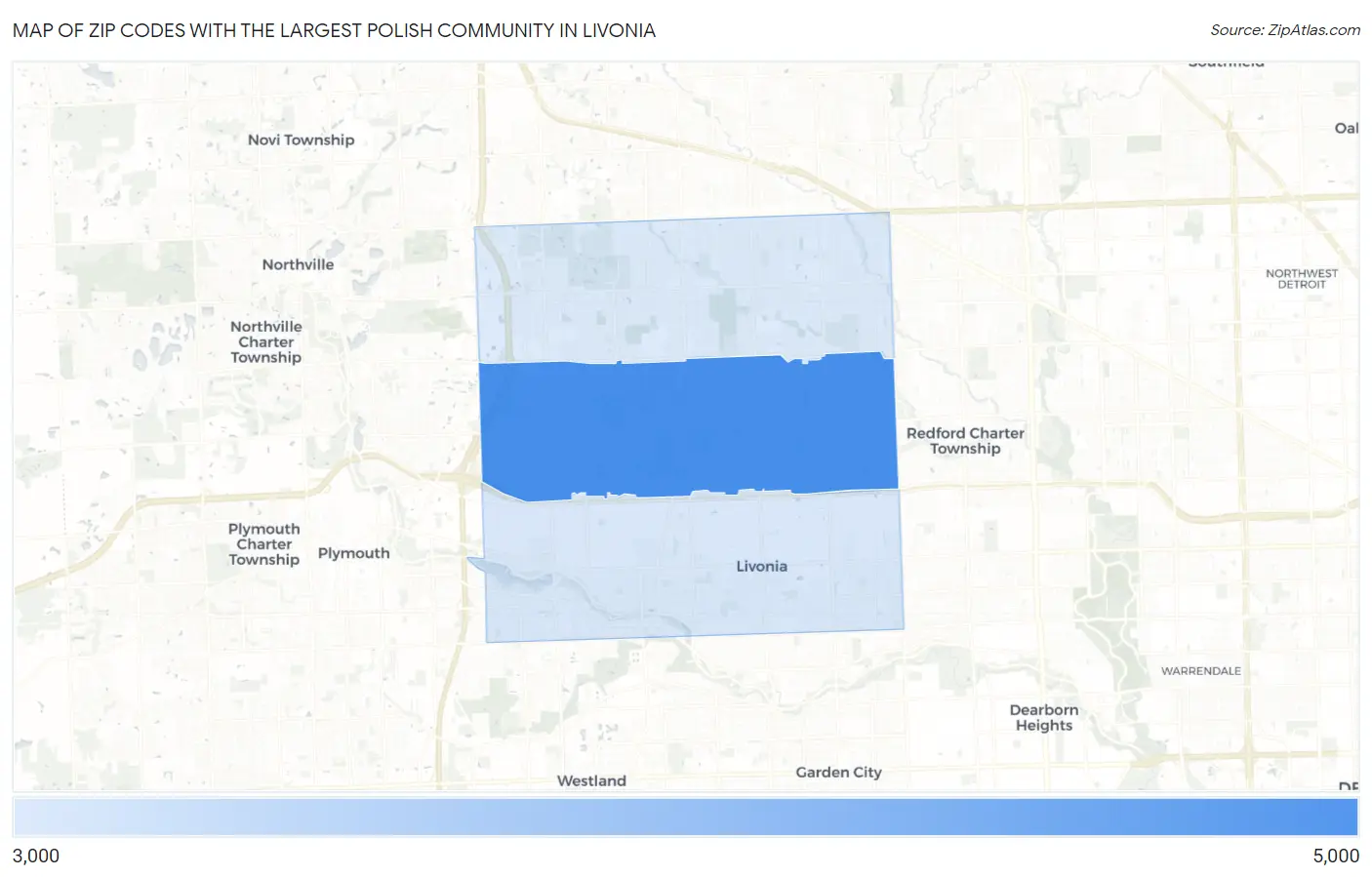 Zip Codes with the Largest Polish Community in Livonia Map