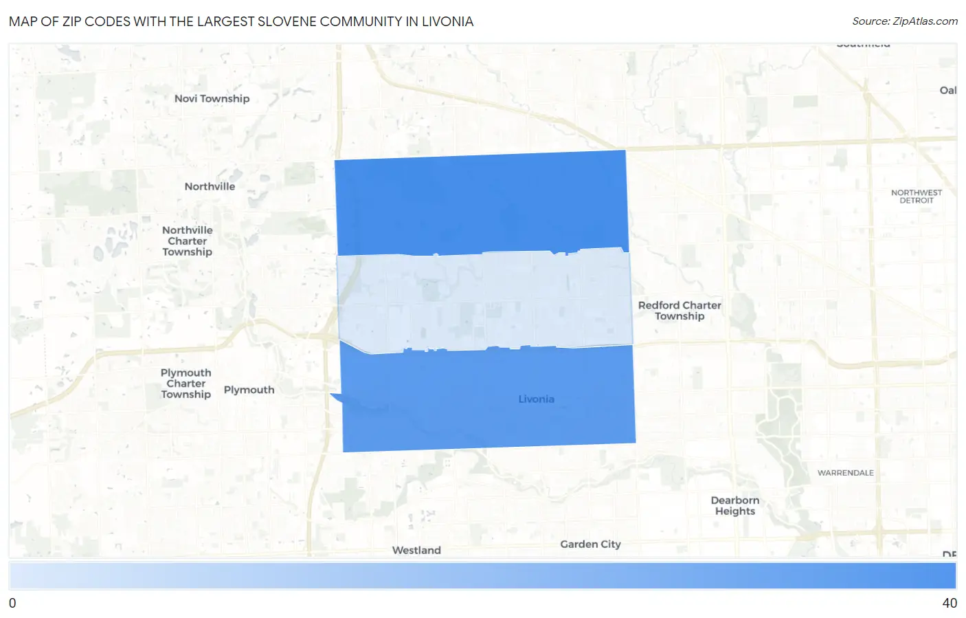 Zip Codes with the Largest Slovene Community in Livonia Map