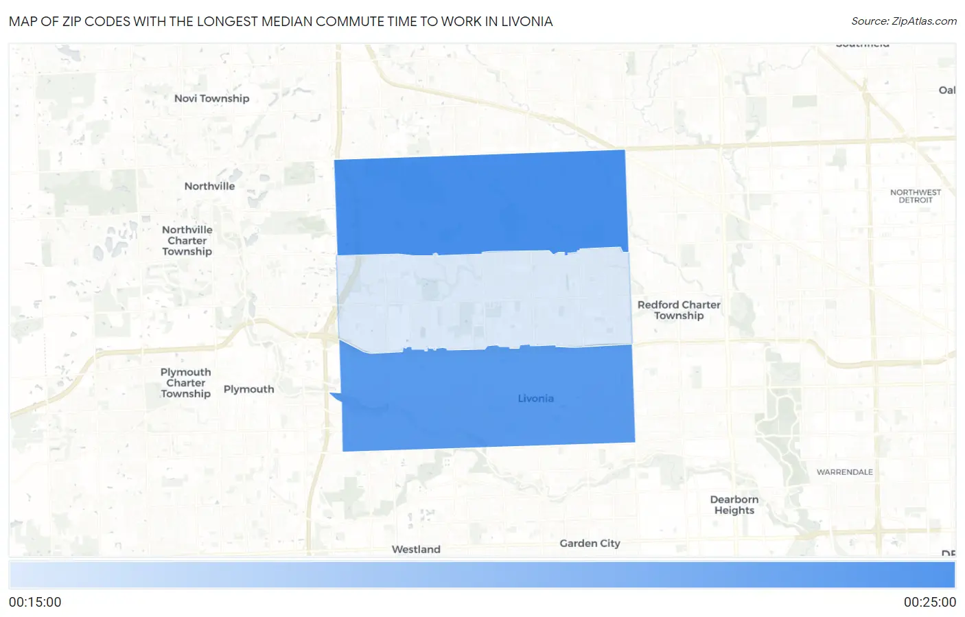 Zip Codes with the Longest Median Commute Time to Work in Livonia Map