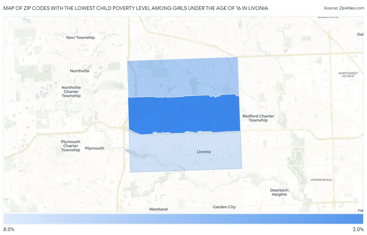 Zip Codes with the Lowest Child Poverty Level Among Girls Under the Age of 16 in Livonia Map
