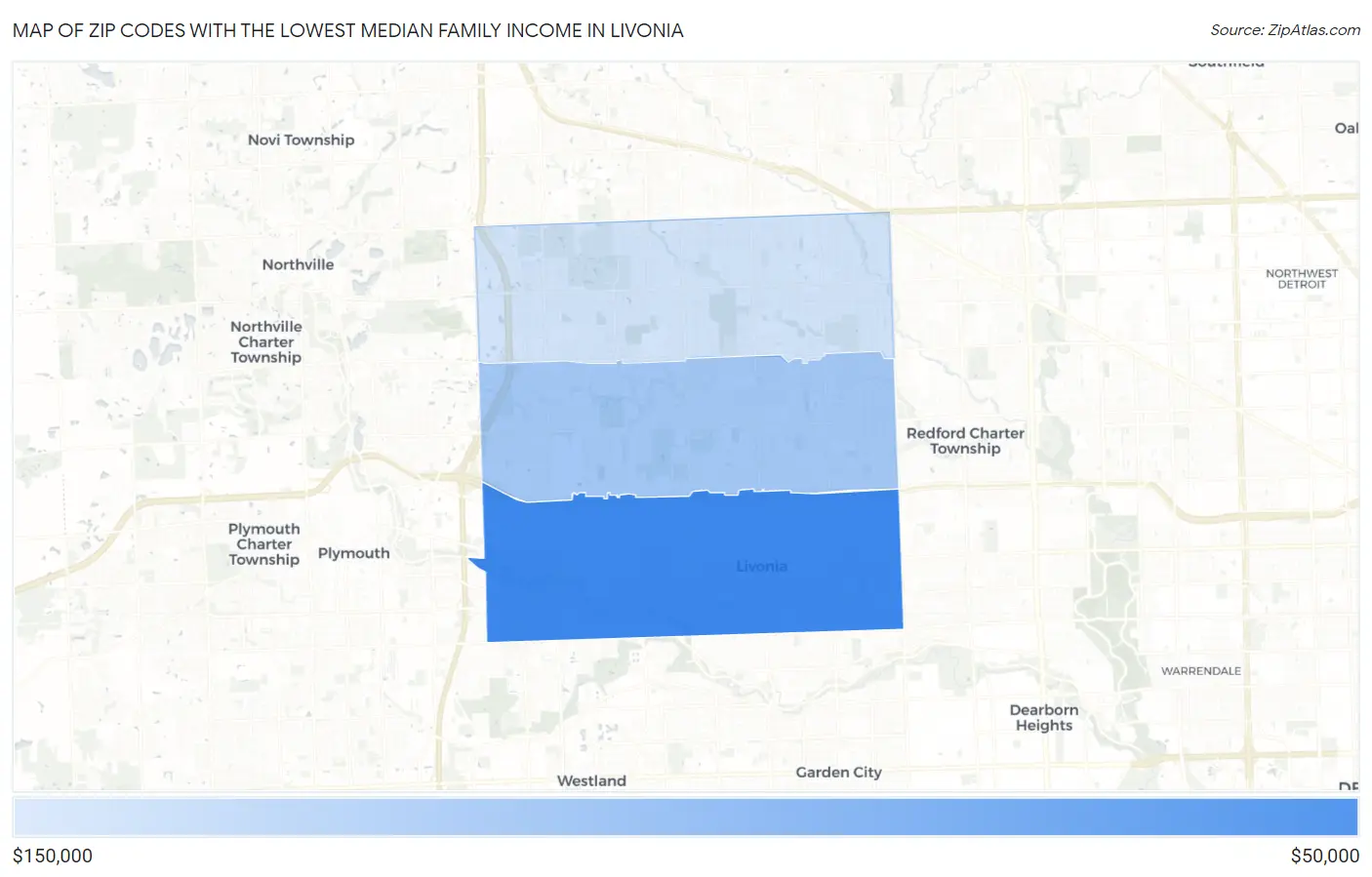 Zip Codes with the Lowest Median Family Income in Livonia Map