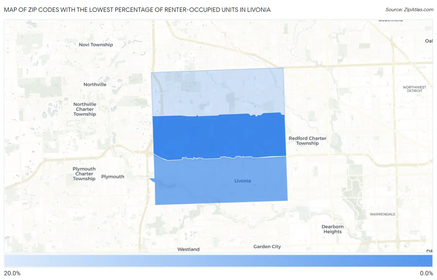 Zip Codes with the Lowest Percentage of Renter-Occupied Units in Livonia Map