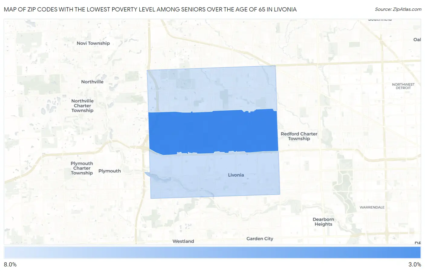 Zip Codes with the Lowest Poverty Level Among Seniors Over the Age of 65 in Livonia Map