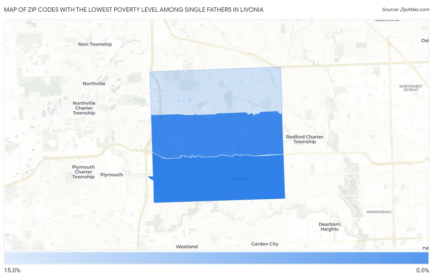 Zip Codes with the Lowest Poverty Level Among Single Fathers in Livonia Map
