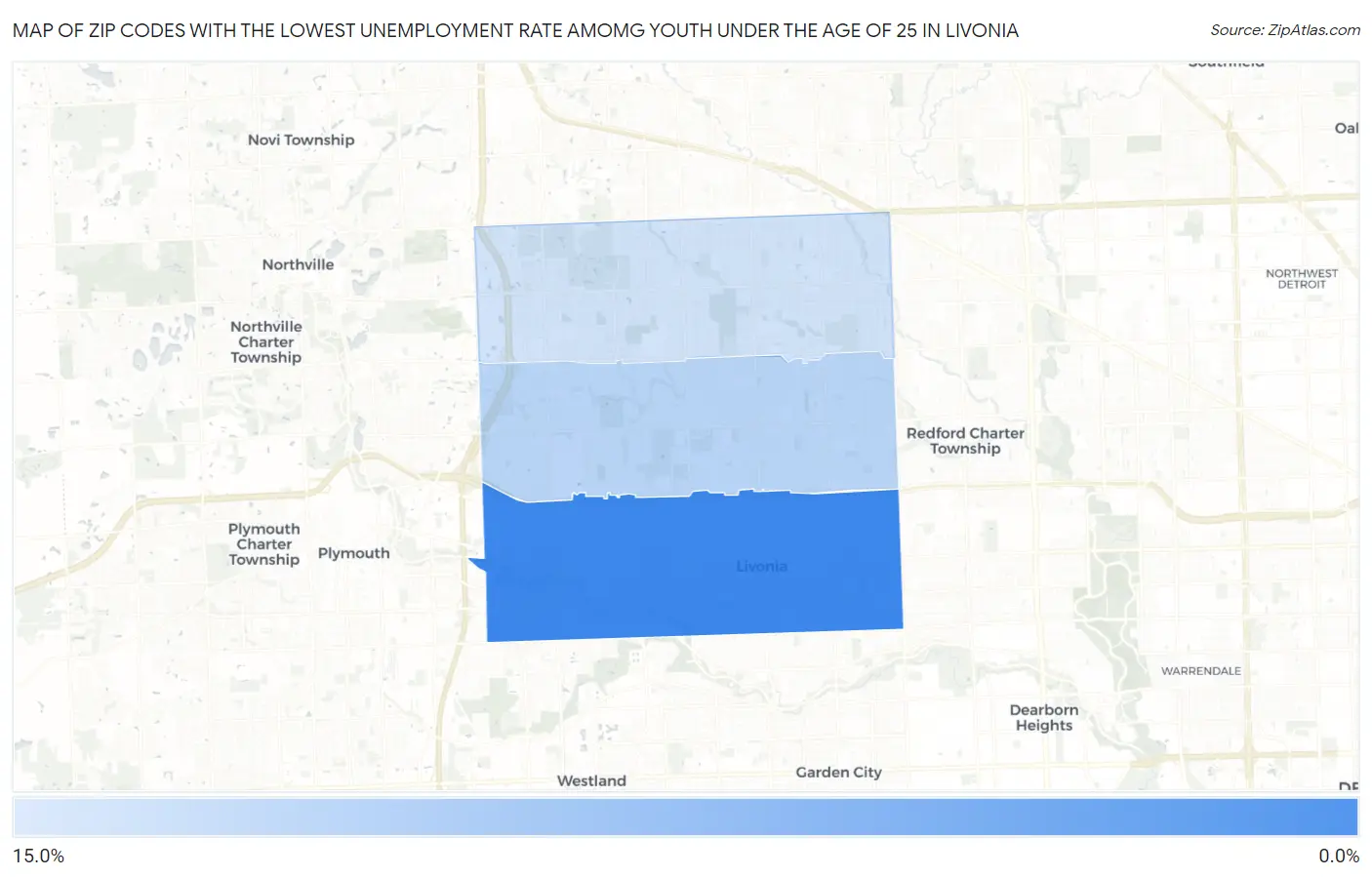 Zip Codes with the Lowest Unemployment Rate Amomg Youth Under the Age of 25 in Livonia Map