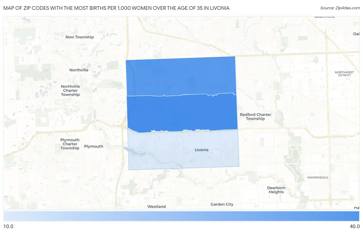Zip Codes with the Most Births per 1,000 Women Over the Age of 35 in Livonia Map