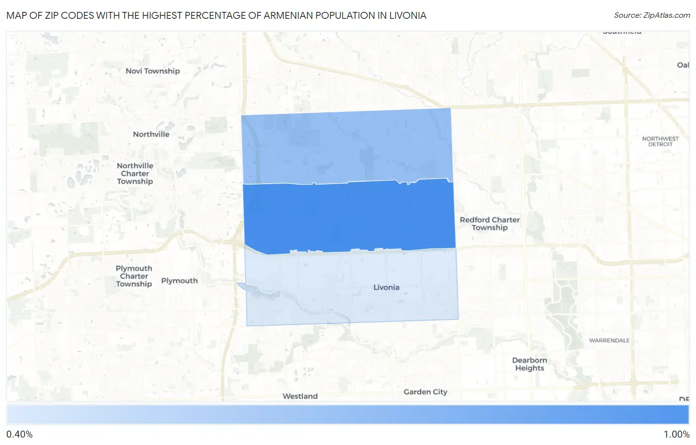 Zip Codes with the Highest Percentage of Armenian Population in Livonia Map