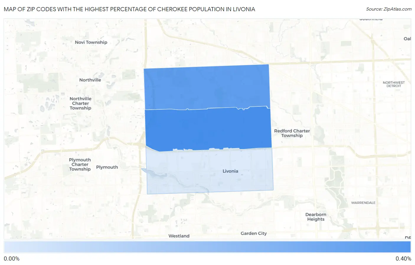 Zip Codes with the Highest Percentage of Cherokee Population in Livonia Map