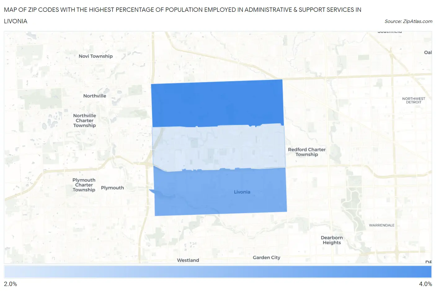 Zip Codes with the Highest Percentage of Population Employed in Administrative & Support Services in Livonia Map