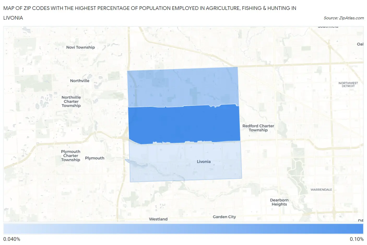 Zip Codes with the Highest Percentage of Population Employed in Agriculture, Fishing & Hunting in Livonia Map
