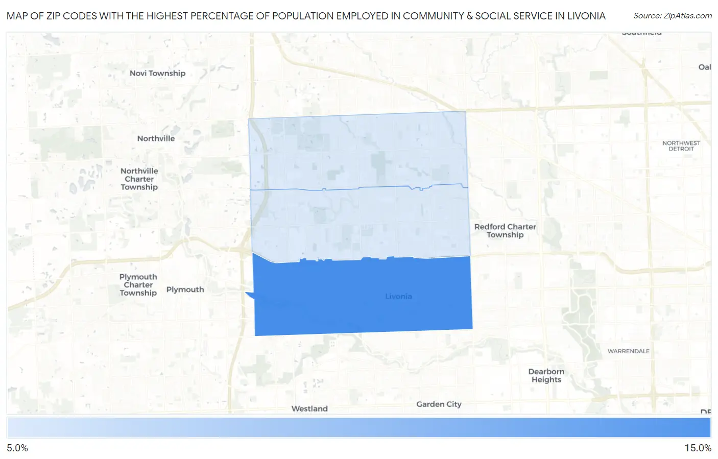 Zip Codes with the Highest Percentage of Population Employed in Community & Social Service  in Livonia Map