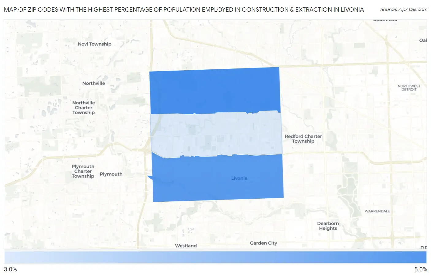 Zip Codes with the Highest Percentage of Population Employed in Construction & Extraction in Livonia Map