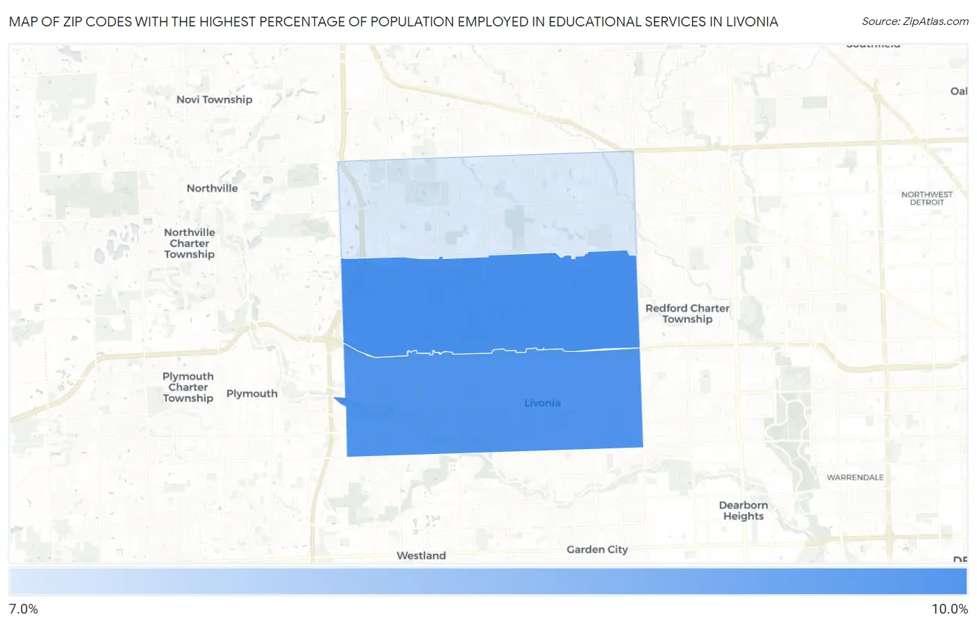 Zip Codes with the Highest Percentage of Population Employed in Educational Services in Livonia Map